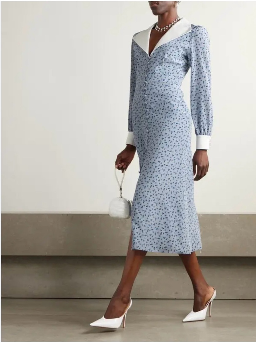 Alessandra Rich Rose-Print Contrast-Trim Silk Midi Dress size 44 Italy